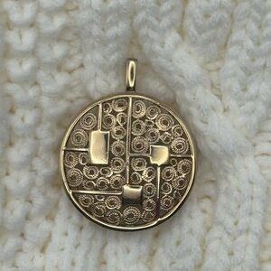 Vintage SARAH Gold Tone Textured Circle Pendant Modernist Brutalist Style